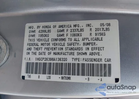 2008 Honda Accord 2.4 Lx z USA, uszkodzony, nr VIN 1HGCP26398A136320